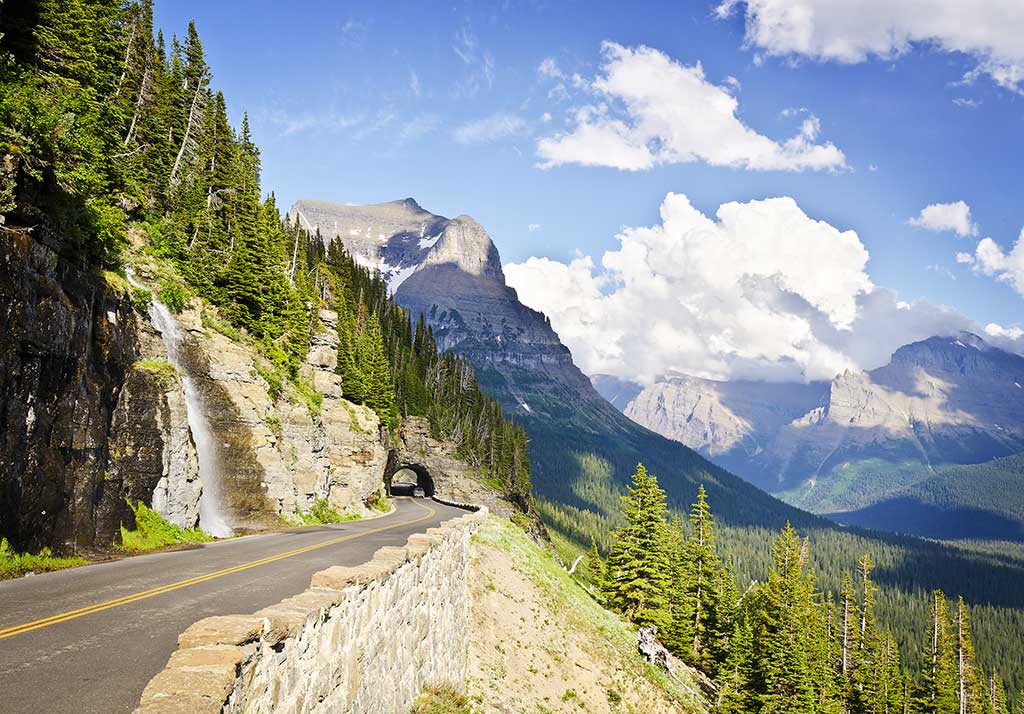 Going to the Sun road with a tunnel and mountain view