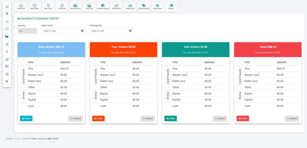 Rentrax ski rental software revenue report page